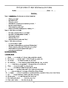Đề cương ôn tập học kỳ 1 môn Tiếng Anh Lớp 7 - Năm học 2015-2016